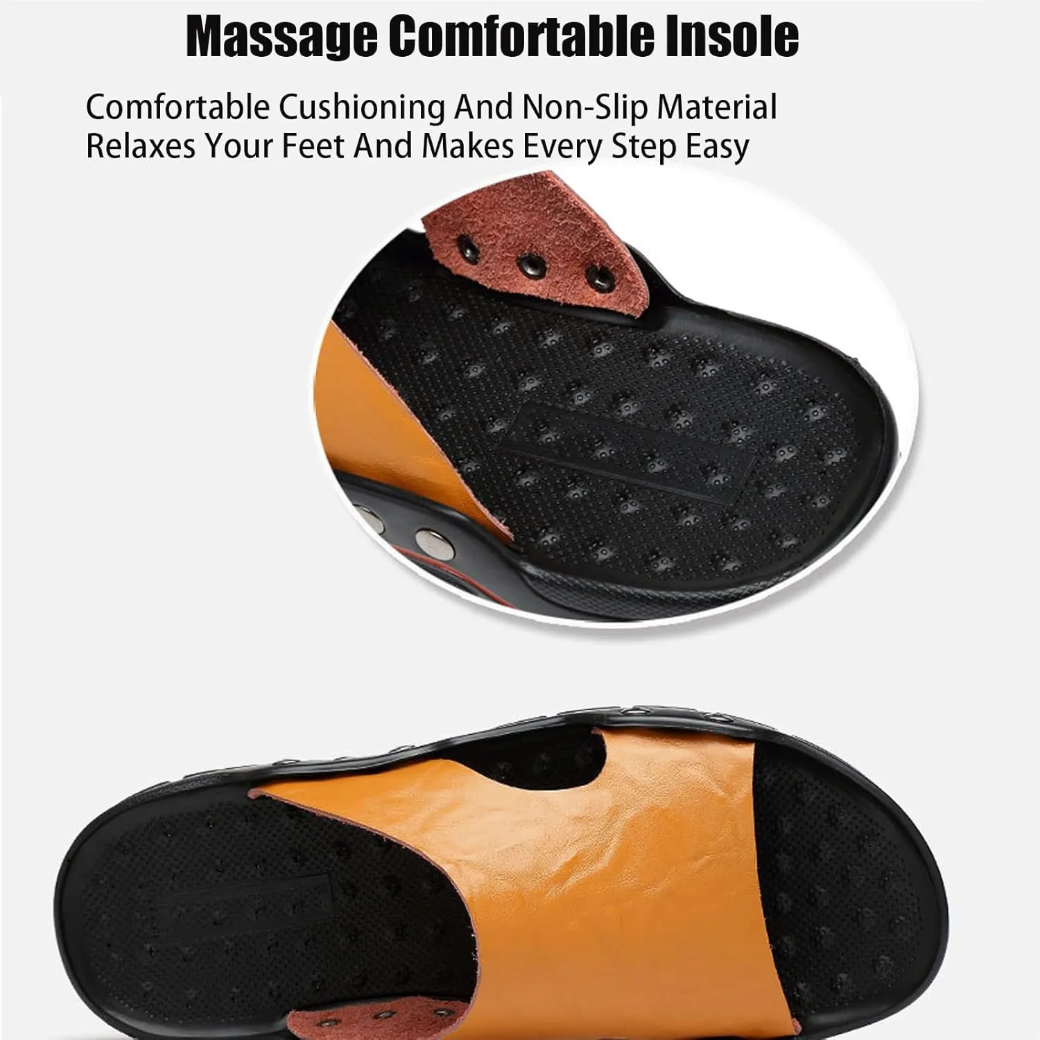 Men'S Genuine Leather Rivet Flat Slide Sandals Fashion Round Open Toe Slip-On Soft Sole Beach Sandals Summer Casual Vacation Party Male Sandals