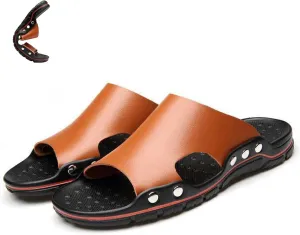 Men'S Genuine Leather Rivet Flat Slide Sandals Fashion Round Open Toe Slip-On Soft Sole Beach Sandals Summer Casual Vacation Party Male Sandals