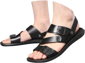 Men's Leather Flat Fisherman Sandals with Adjust Buckle Strap Summer Breatheable Non-Slip Open Toe Outdoor Walking Sandals