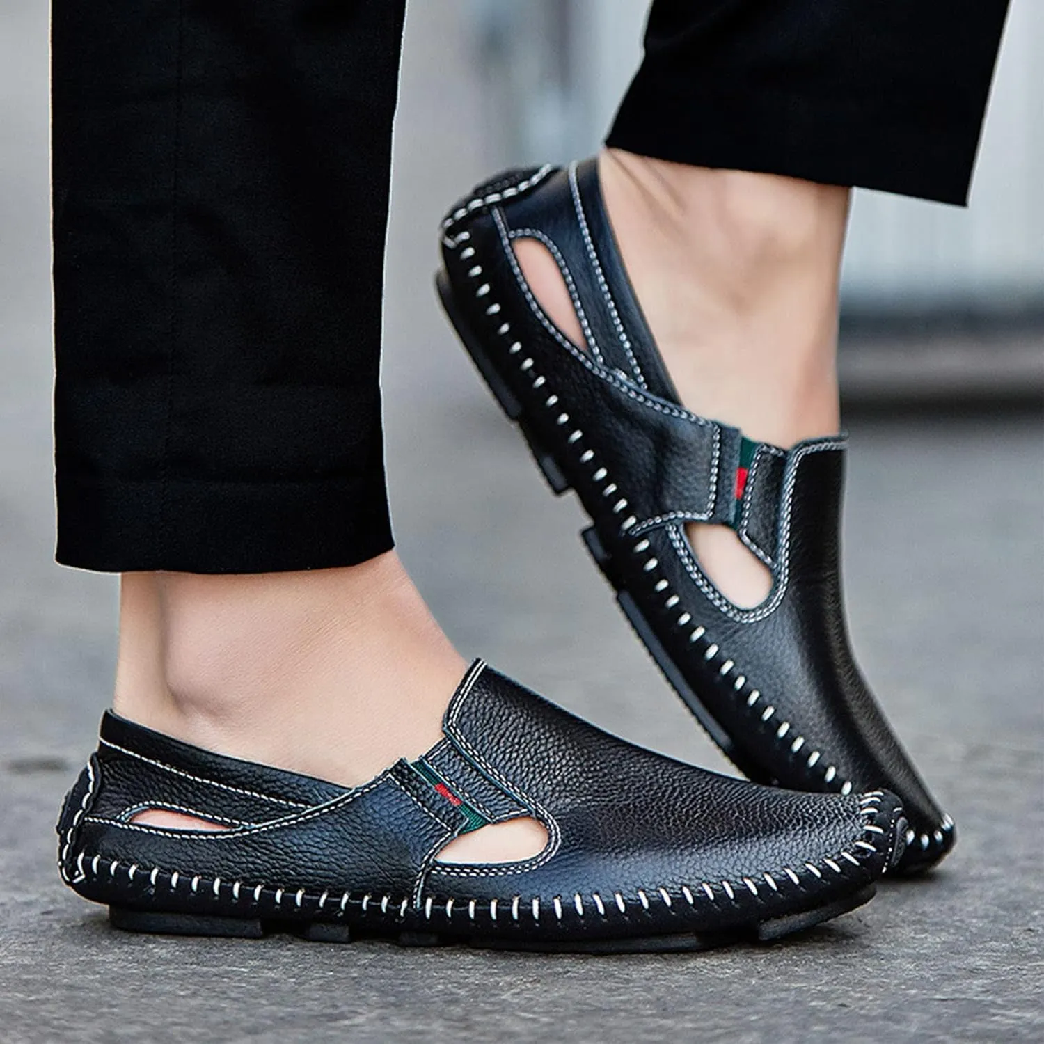 Men's Leather Loafers Cutout Breathe Hand-Stitching Slip on Lightweight Comfy Soft-sole Driving Walking Casual Sandals