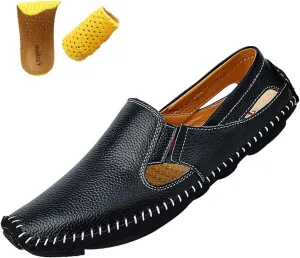 Men's Leather Loafers Cutout Breathe Hand-Stitching Slip on Lightweight Comfy Soft-sole Driving Walking Casual Sandals