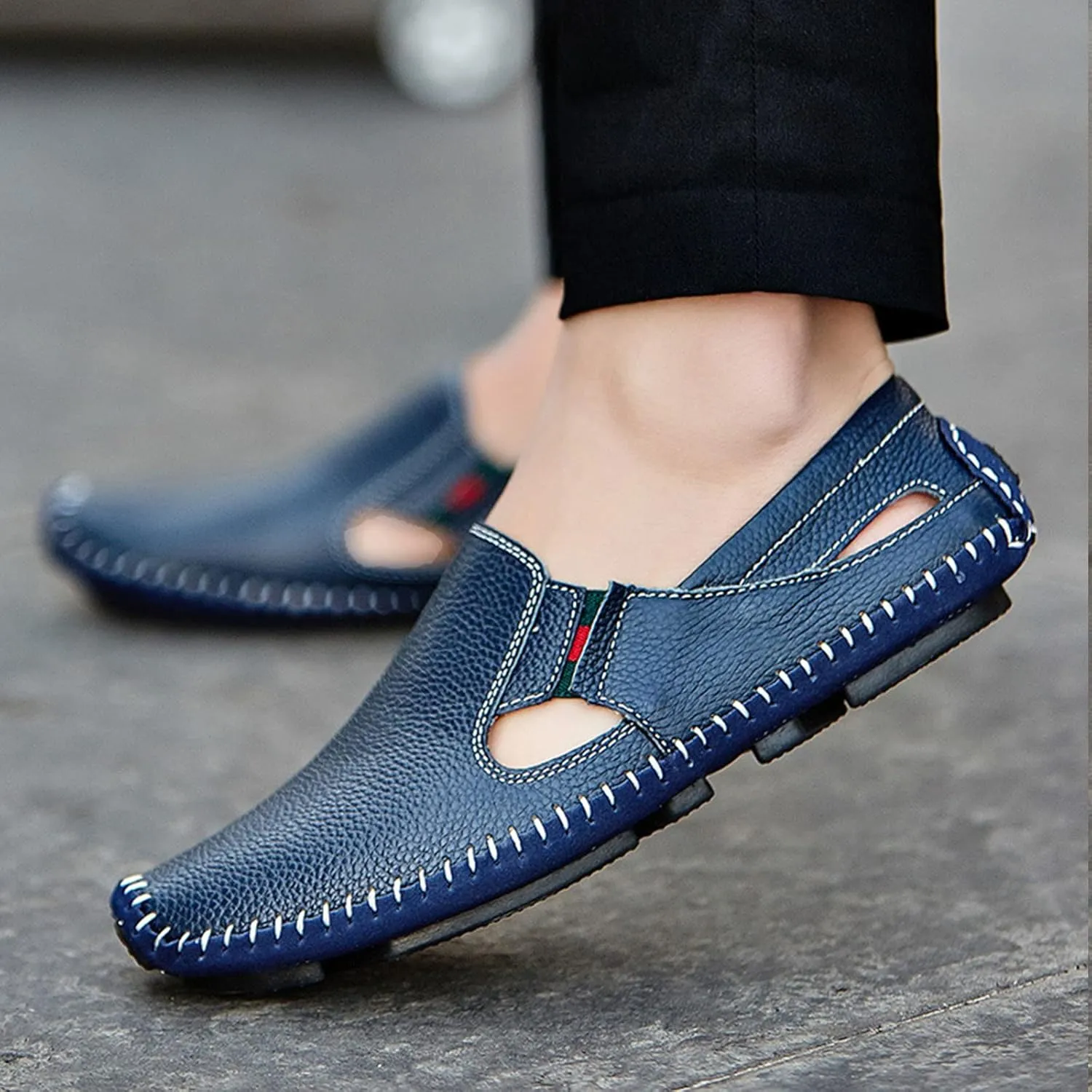 Men's Leather Loafers Cutout Breathe Hand-Stitching Slip on Lightweight Comfy Soft-sole Driving Walking Casual Sandals