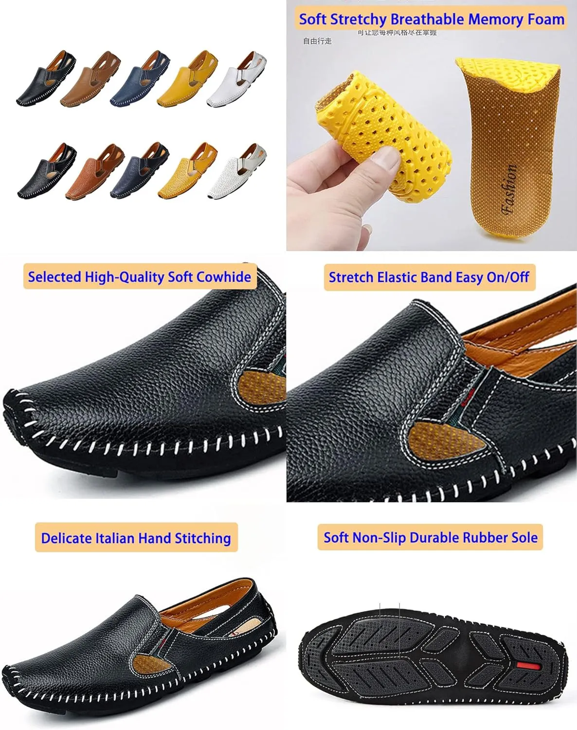 Men's Leather Loafers Cutout Breathe Hand-Stitching Slip on Lightweight Comfy Soft-sole Driving Walking Casual Sandals