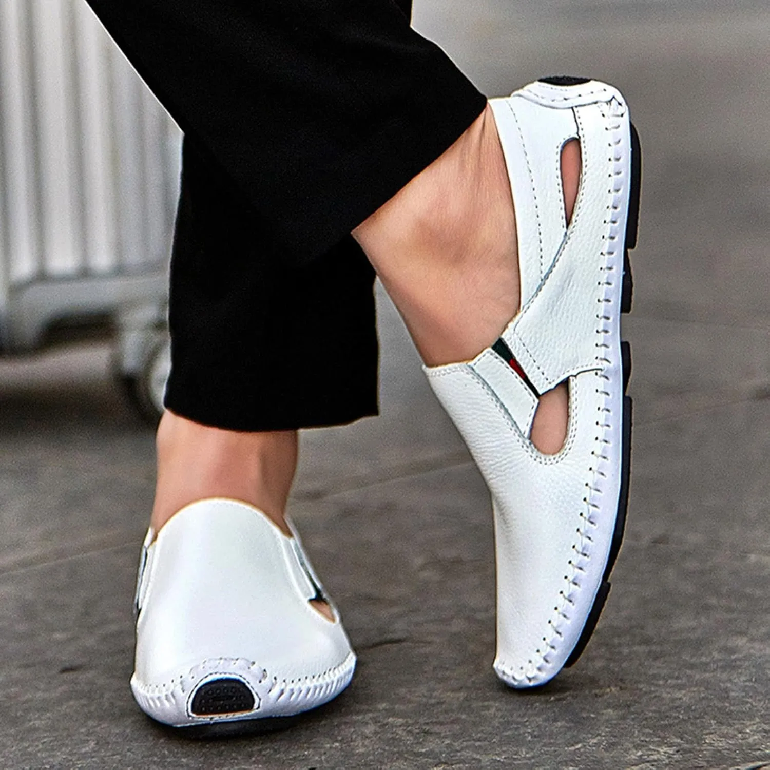 Men's Leather Loafers Cutout Breathe Hand-Stitching Slip on Lightweight Comfy Soft-sole Driving Walking Casual Sandals