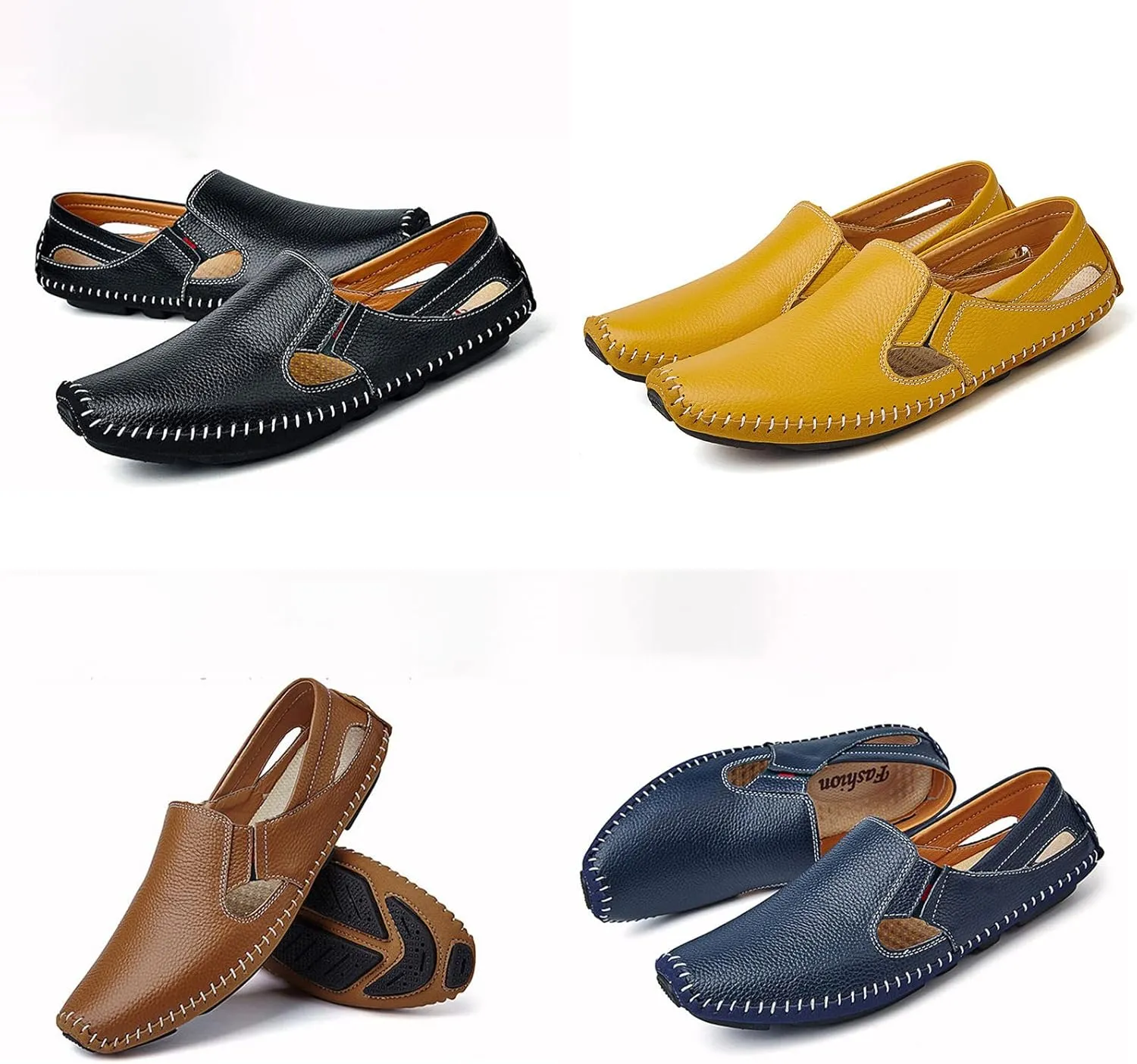Men's Leather Loafers Cutout Breathe Hand-Stitching Slip on Lightweight Comfy Soft-sole Driving Walking Casual Sandals