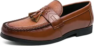 Men's Leather Tassel Decorated Low Heel Formal Loafers Retro Round Toe Printed Non-Slip Slip-On Business Flat Moccasin Shoes