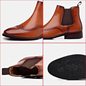 Men's Leather Wingtip Carving Dress Oxford Boots Fashion British Style Pointed Toe Elastic Band Slip On Chelsea Boots Casual Business Formal Ankle Boots