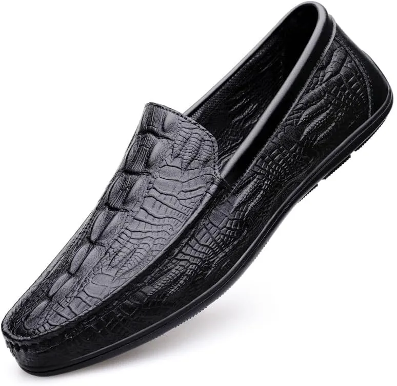 Mens Loafers Round Toe Vegan Leather Crocodile Embossed Loafer Flat Heel Comfortable Slip Resistant Wedding Slip-on