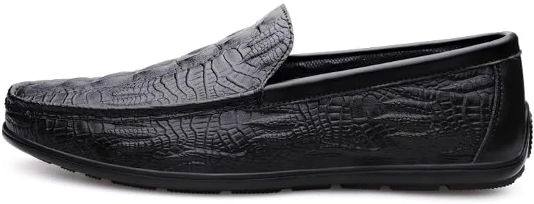 Mens Loafers Round Toe Vegan Leather Crocodile Embossed Loafer Flat Heel Comfortable Slip Resistant Wedding Slip-on