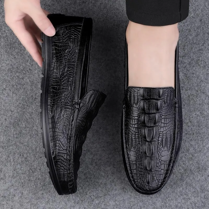 Mens Loafers Round Toe Vegan Leather Crocodile Embossed Loafer Flat Heel Comfortable Slip Resistant Wedding Slip-on