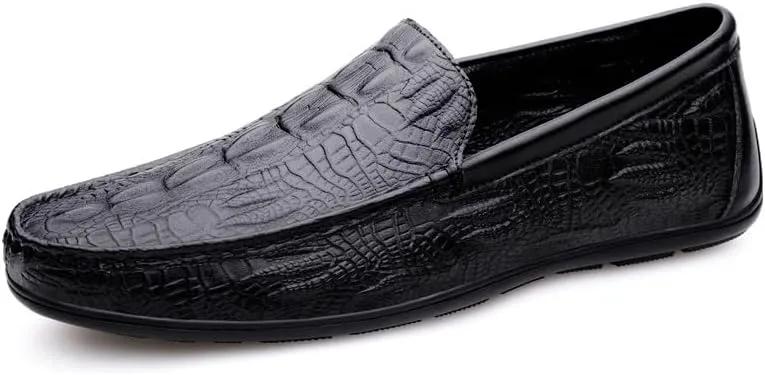 Mens Loafers Round Toe Vegan Leather Crocodile Embossed Loafer Flat Heel Comfortable Slip Resistant Wedding Slip-on