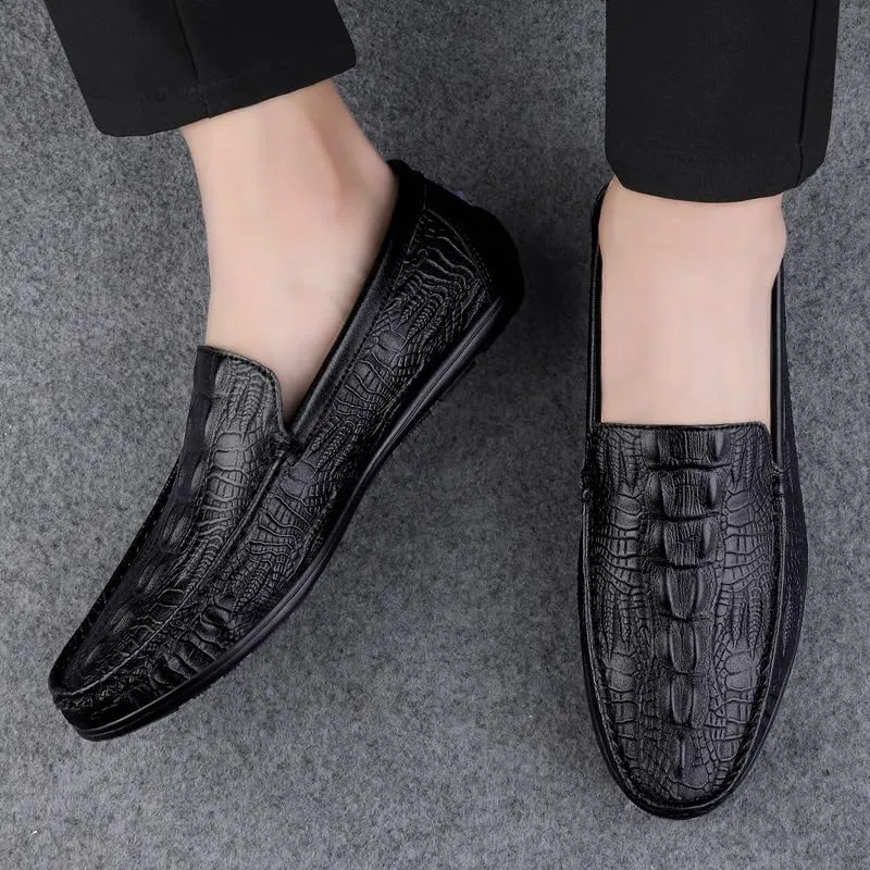 Mens Loafers Round Toe Vegan Leather Crocodile Embossed Loafer Flat Heel Comfortable Slip Resistant Wedding Slip-on