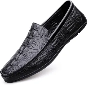 Mens Loafers Round Toe Vegan Leather Crocodile Embossed Loafer Flat Heel Comfortable Slip Resistant Wedding Slip-on