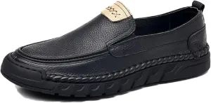 Men's Soft Leather Flat Boat Shoe Round Toe Hand Stitching Soft Platform Anti-Slip Driving Sneakers Outdoor Comfort Lightweight Casual Shoe