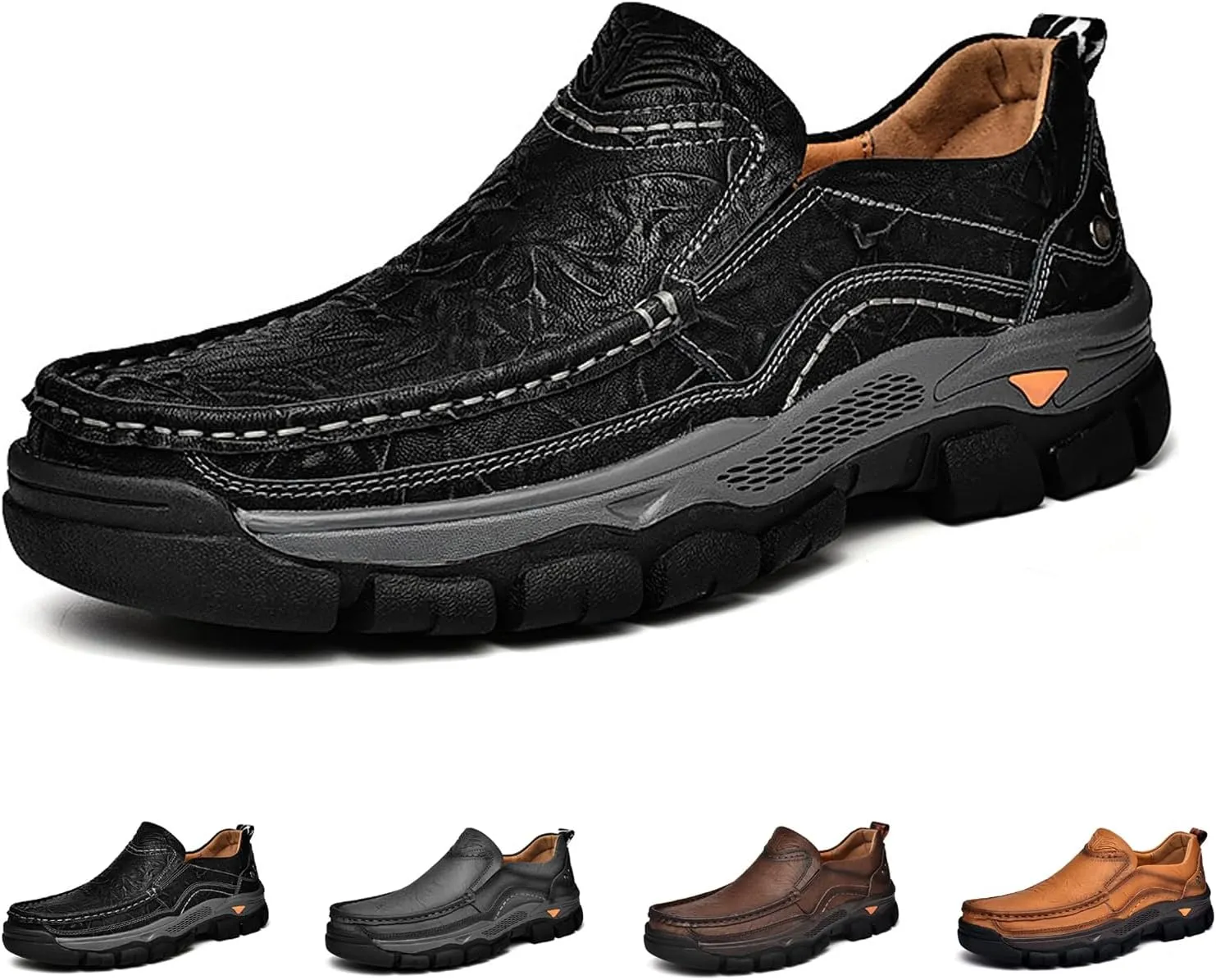 Men's Thick Bottom Slip on Leather Loafer,Hand Stitching Comfort Anti Slip Moccasins Casual Walking Shoes Outdoor Hiking Driving Work Office Dress Men Classic Leisure Sneakers