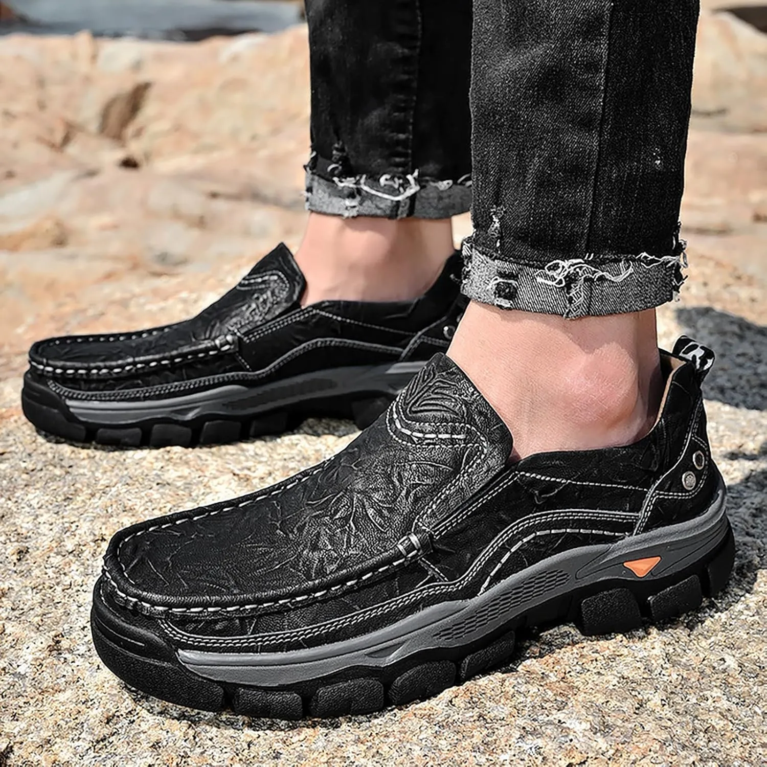 Men's Thick Bottom Slip on Leather Loafer,Hand Stitching Comfort Anti Slip Moccasins Casual Walking Shoes Outdoor Hiking Driving Work Office Dress Men Classic Leisure Sneakers