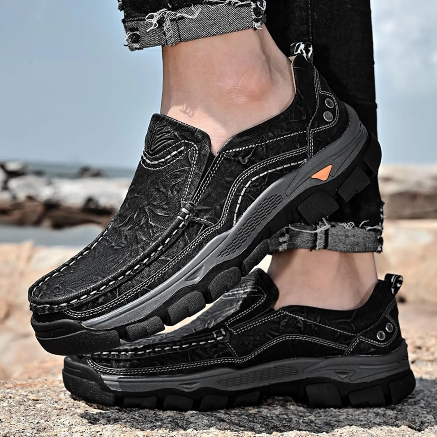 Men's Thick Bottom Slip on Leather Loafer,Hand Stitching Comfort Anti Slip Moccasins Casual Walking Shoes Outdoor Hiking Driving Work Office Dress Men Classic Leisure Sneakers
