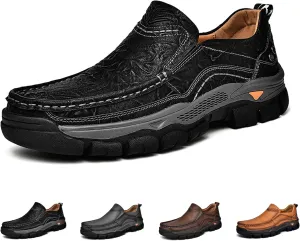 Men's Thick Bottom Slip on Leather Loafer,Hand Stitching Comfort Anti Slip Moccasins Casual Walking Shoes Outdoor Hiking Driving Work Office Dress Men Classic Leisure Sneakers