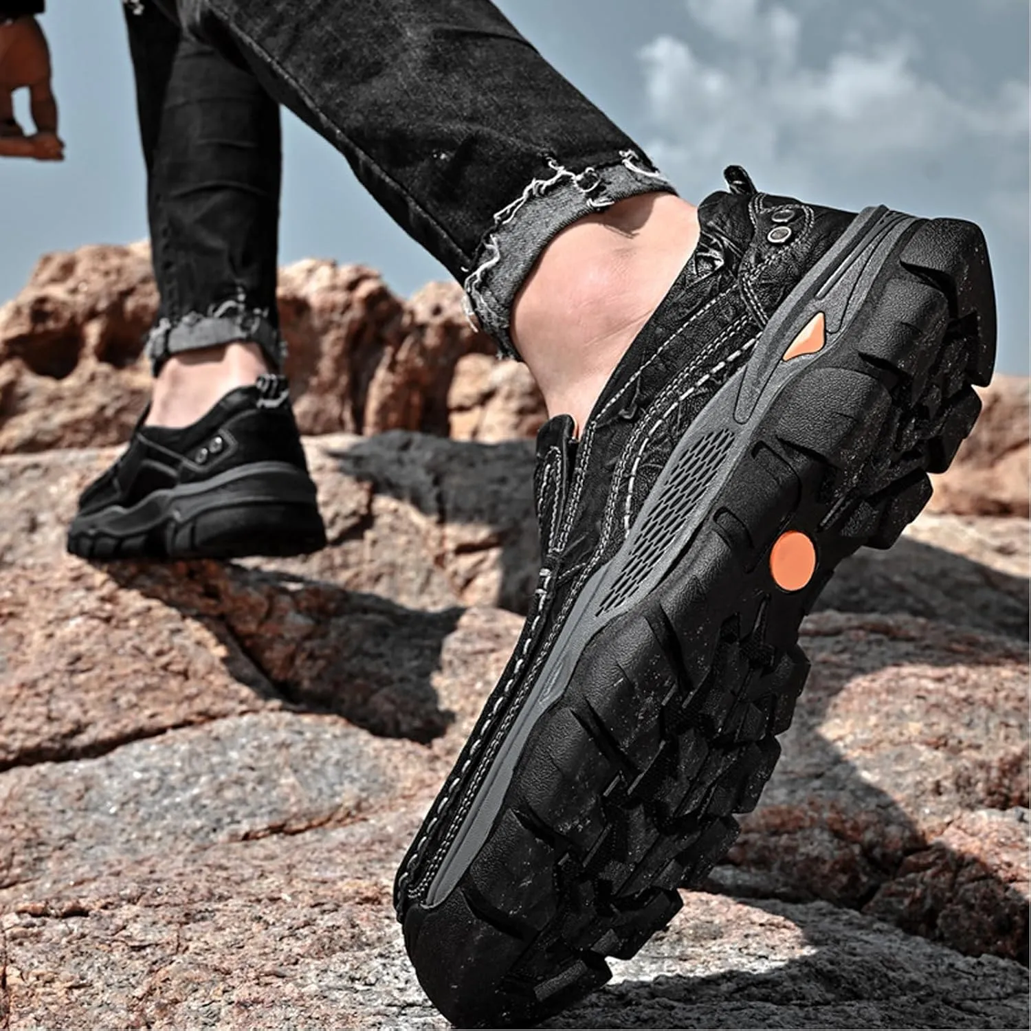 Men's Thick Bottom Slip on Leather Loafer,Hand Stitching Comfort Anti Slip Moccasins Casual Walking Shoes Outdoor Hiking Driving Work Office Dress Men Classic Leisure Sneakers