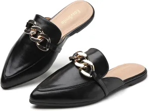 Metal Chain Decor Flat Mules for Women Closed Pointed Toe Slip on Loafers Slides Backless Mules Shoes