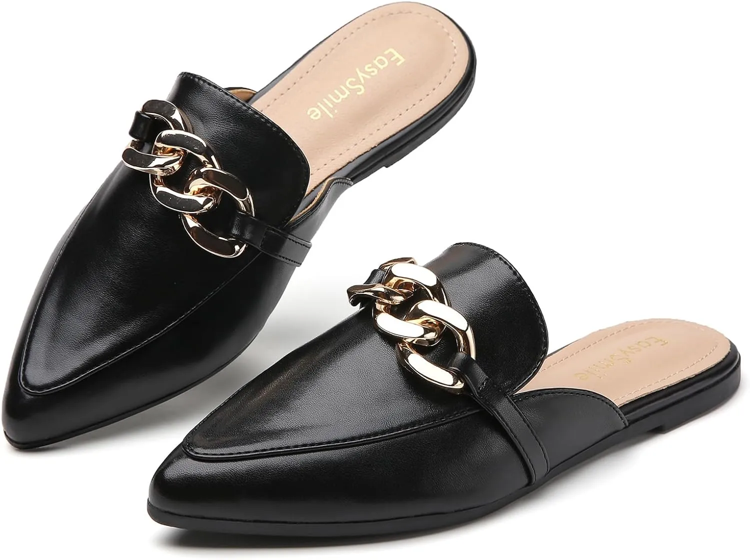 Metal Chain Decor Flat Mules for Women Closed Pointed Toe Slip on Loafers Slides Backless Mules Shoes