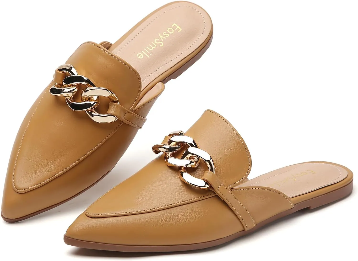 Metal Chain Decor Flat Mules for Women Closed Pointed Toe Slip on Loafers Slides Backless Mules Shoes