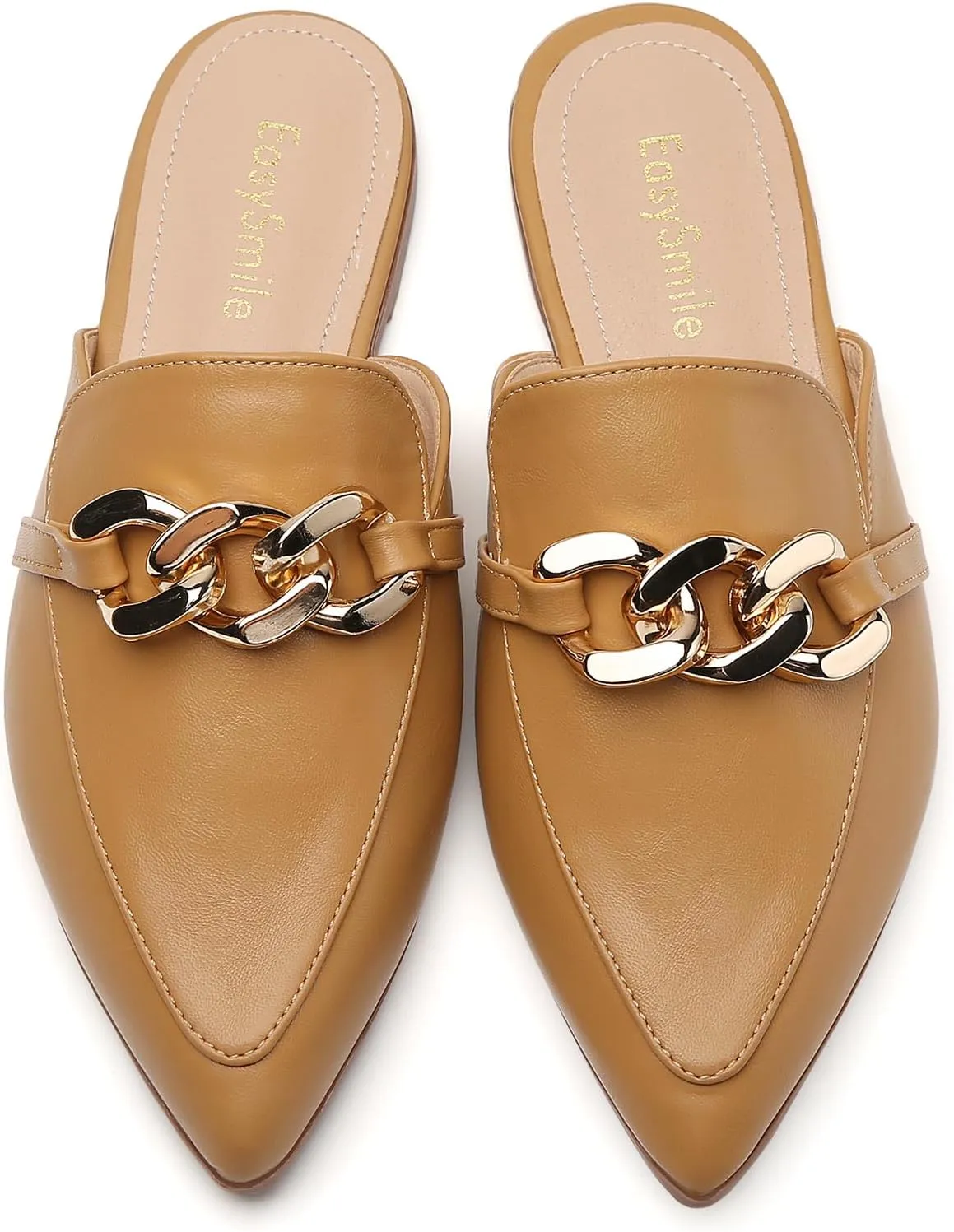 Metal Chain Decor Flat Mules for Women Closed Pointed Toe Slip on Loafers Slides Backless Mules Shoes
