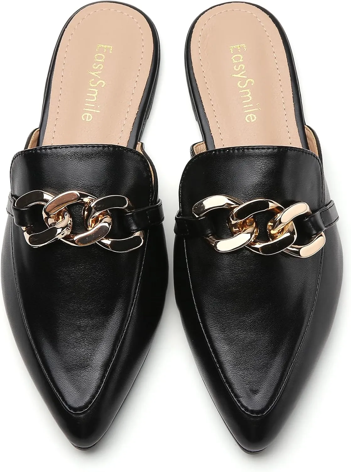 Metal Chain Decor Flat Mules for Women Closed Pointed Toe Slip on Loafers Slides Backless Mules Shoes