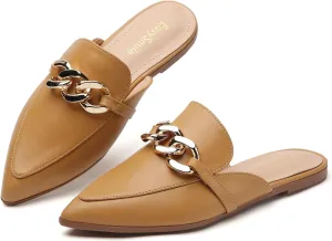 Metal Chain Decor Flat Mules for Women Closed Pointed Toe Slip on Loafers Slides Backless Mules Shoes