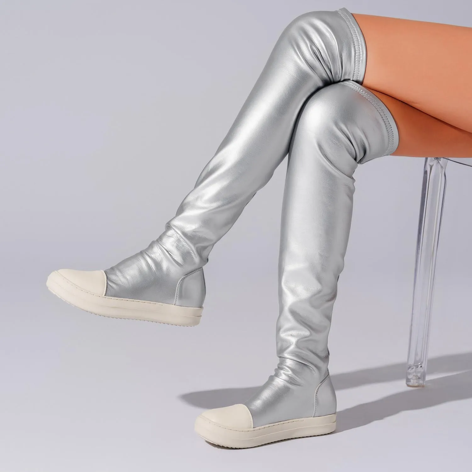 MOFEEDOUKA Thigh High Boots for Women Flat Over The Knee Round Toe Booties