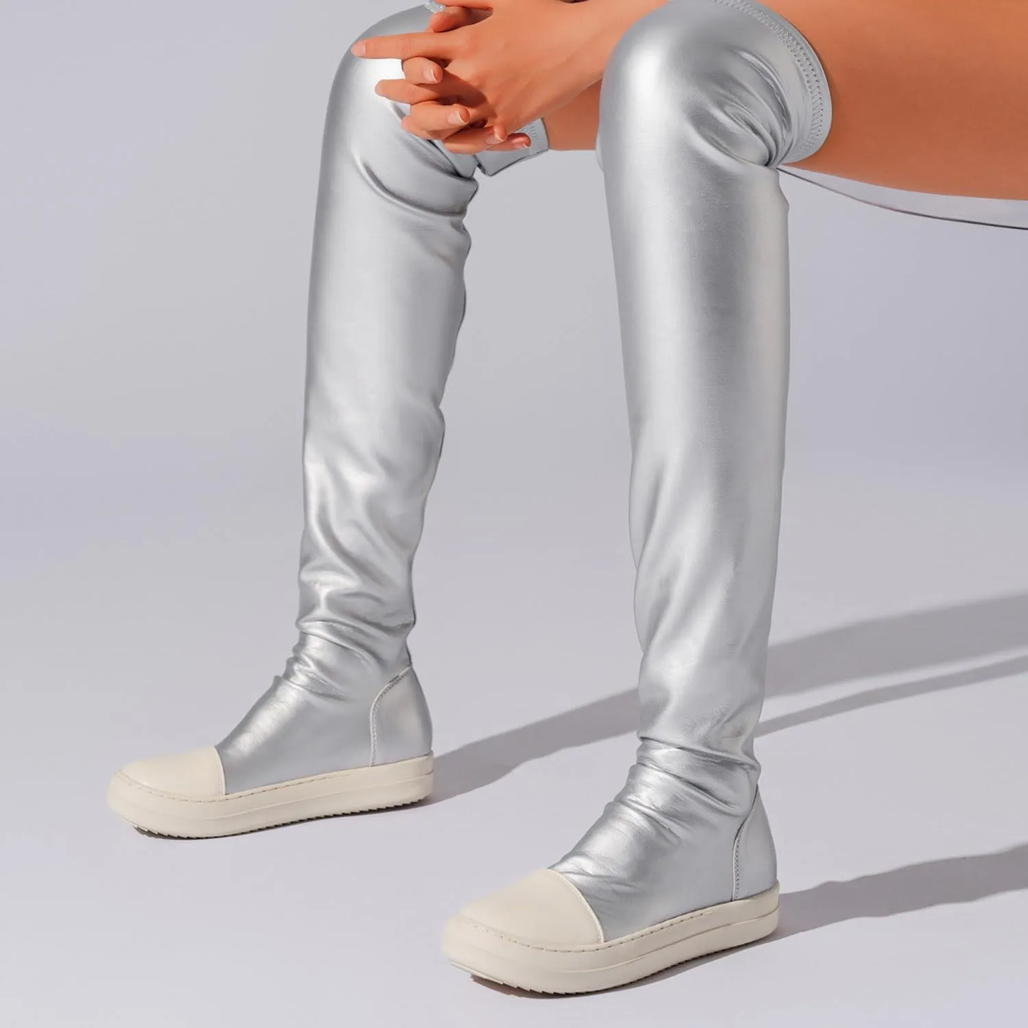MOFEEDOUKA Thigh High Boots for Women Flat Over The Knee Round Toe Booties