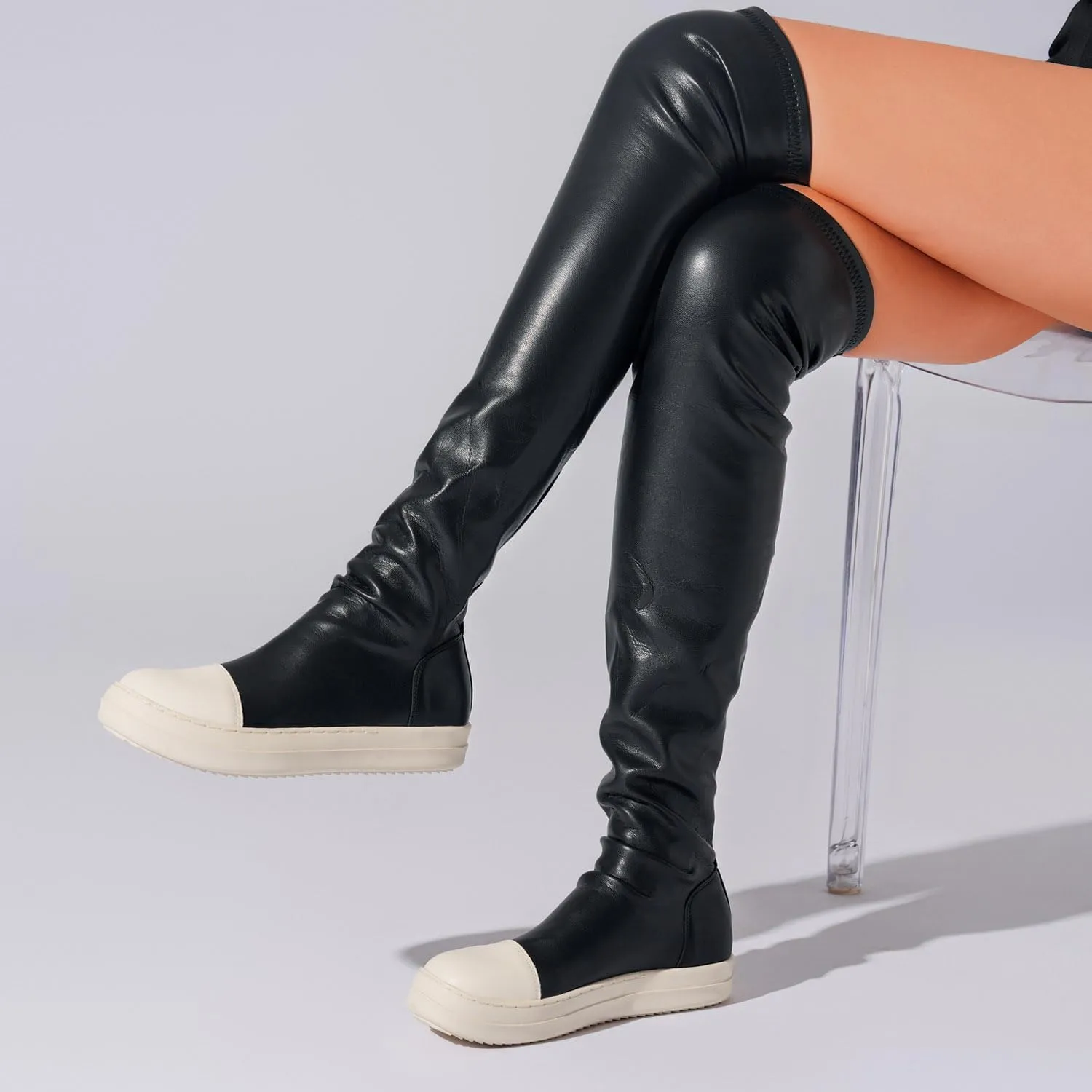MOFEEDOUKA Thigh High Boots for Women Flat Over The Knee Round Toe Booties