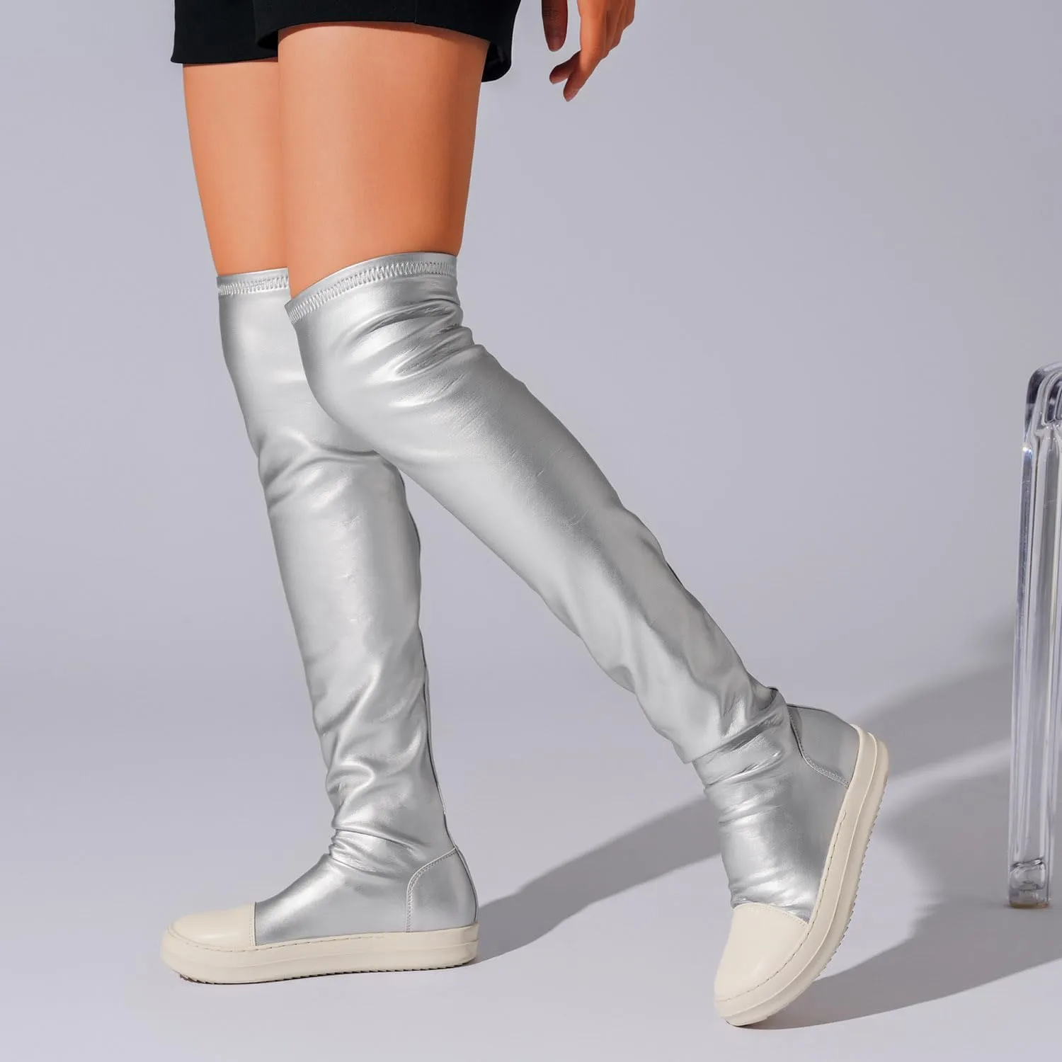 MOFEEDOUKA Thigh High Boots for Women Flat Over The Knee Round Toe Booties