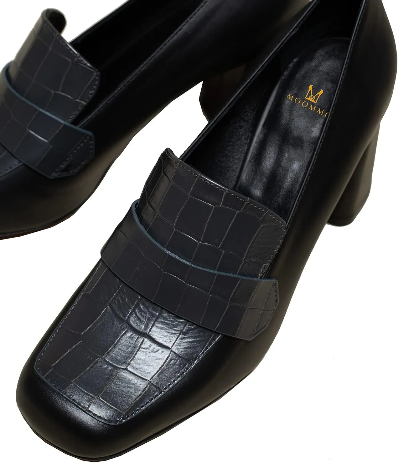 MOOMMO Women Chunky Block Heel Loafer Shoes Slip On Square Toe Formal High Heels Pumps Crocodile Closed Toe 3" Heel Oxford Shoes Office Ladies Business Professional Comfortable Spring Fall 4-11 M US