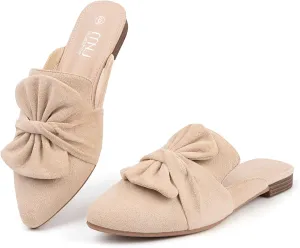 MUSSHOE Womens Mules Comfortable Pointed Toe Mules for Women Flats Backless Loafers with Bow Slip On