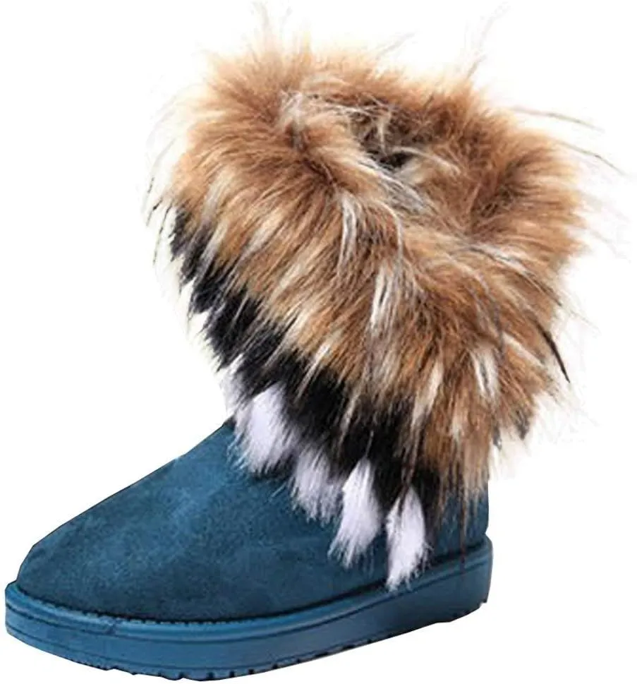 Naughtyangel Women Winter Warm Snow Ankle Boots Low Heels Faux Fox Rabbit Fur Tassel Shoes