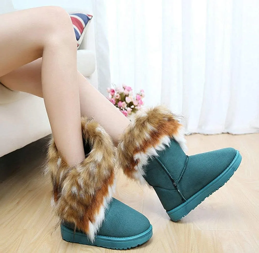 Naughtyangel Women Winter Warm Snow Ankle Boots Low Heels Faux Fox Rabbit Fur Tassel Shoes