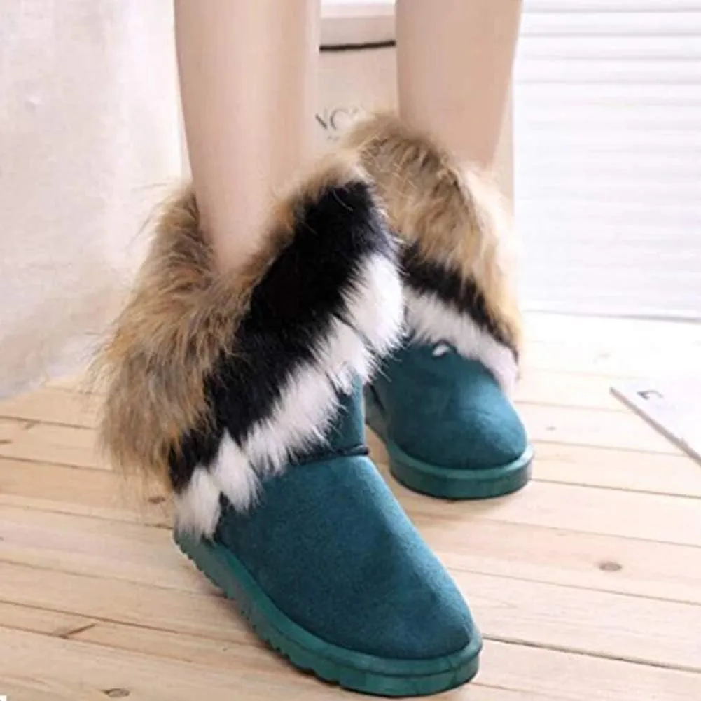 Naughtyangel Women Winter Warm Snow Ankle Boots Low Heels Faux Fox Rabbit Fur Tassel Shoes