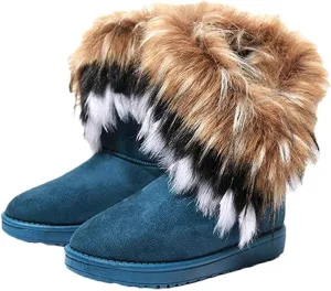 Naughtyangel Women Winter Warm Snow Ankle Boots Low Heels Faux Fox Rabbit Fur Tassel Shoes