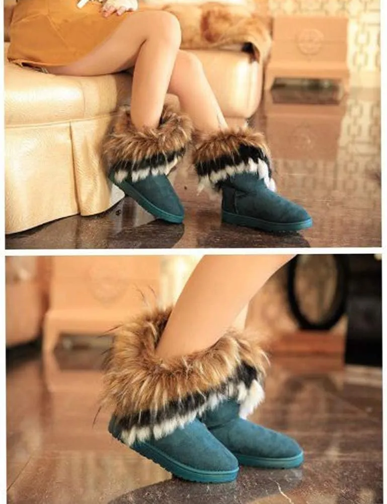Naughtyangel Women Winter Warm Snow Ankle Boots Low Heels Faux Fox Rabbit Fur Tassel Shoes