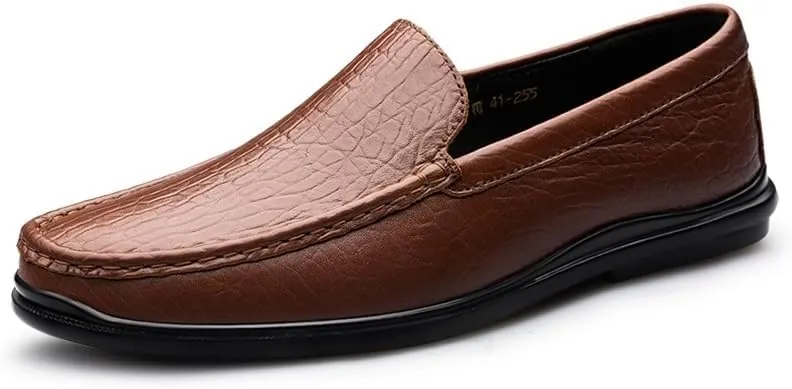 New Mens Loafers Round Toe Genuine Leather Crocodile Print Loafer Shoes Flexible Lightweight Anti-slip Casual Fashion Slip On
