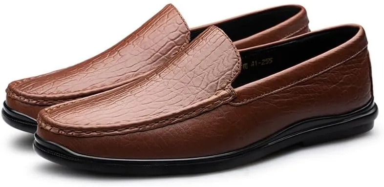 New Mens Loafers Round Toe Genuine Leather Crocodile Print Loafer Shoes Flexible Lightweight Anti-slip Casual Fashion Slip On