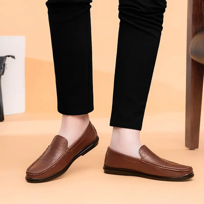 New Mens Loafers Round Toe Genuine Leather Crocodile Print Loafer Shoes Flexible Lightweight Anti-slip Casual Fashion Slip On