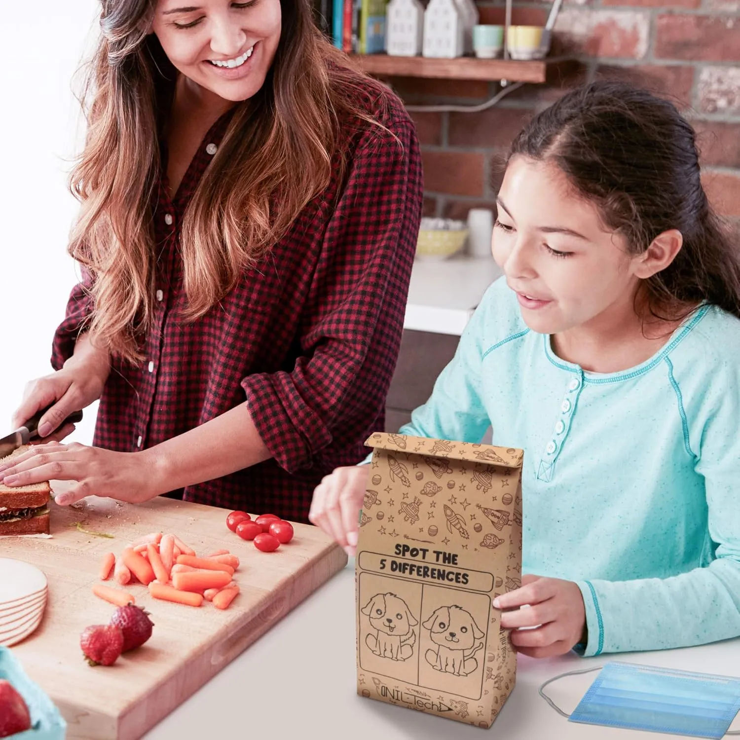 NIL-TECH Kids Brown Paper Bags - Lunch Sandwich Bag with Games & Jokes, Eco-Friendly Snack Bags, Food Safe, 50pc Kraft Paper Lunch Bags