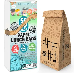 NIL-TECH Kids Brown Paper Bags - Lunch Sandwich Bag with Games & Jokes, Eco-Friendly Snack Bags, Food Safe, 50pc Kraft Paper Lunch Bags