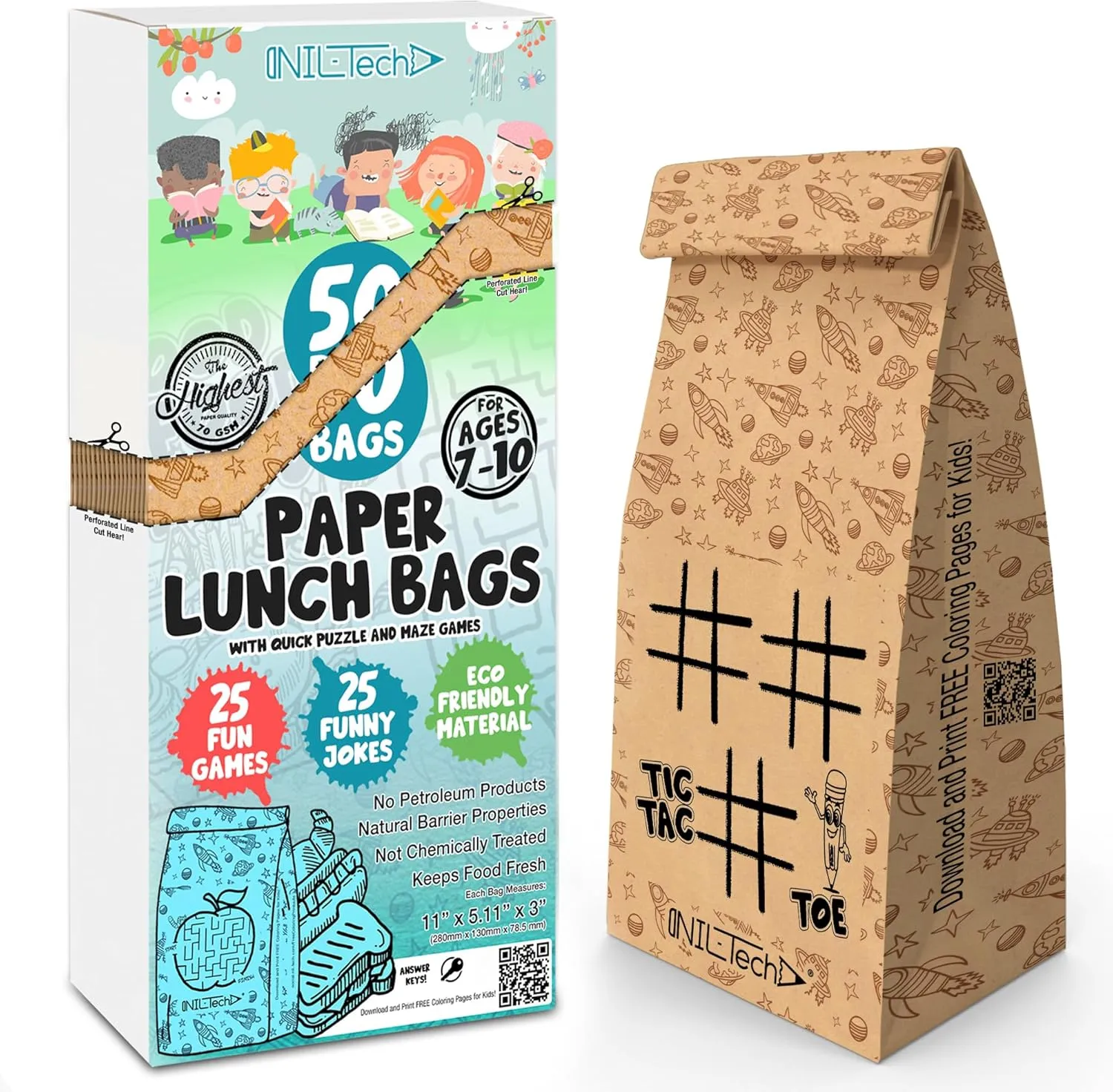 NIL-TECH Kids Brown Paper Bags - Lunch Sandwich Bag with Games & Jokes, Eco-Friendly Snack Bags, Food Safe, 50pc Kraft Paper Lunch Bags