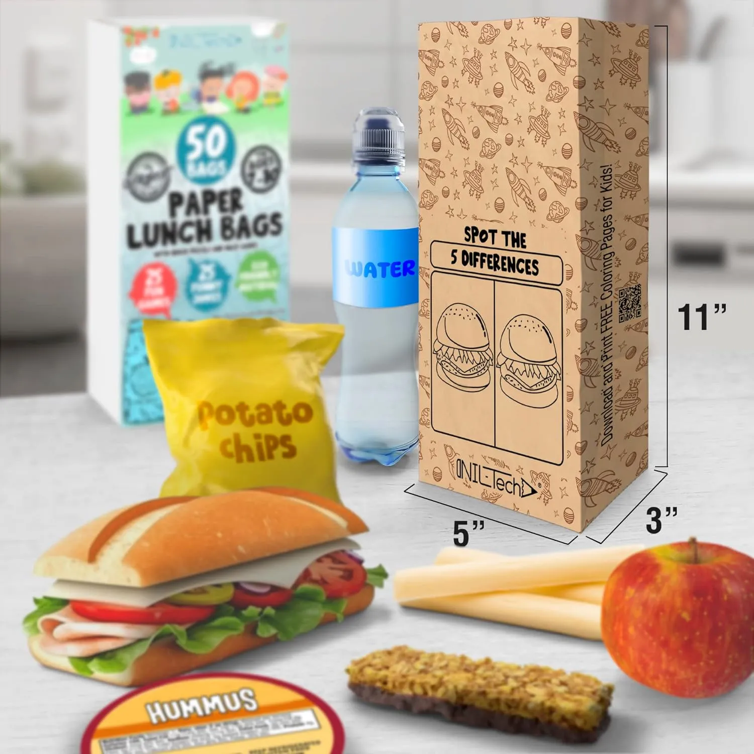 NIL-TECH Kids Brown Paper Bags - Lunch Sandwich Bag with Games & Jokes, Eco-Friendly Snack Bags, Food Safe, 50pc Kraft Paper Lunch Bags