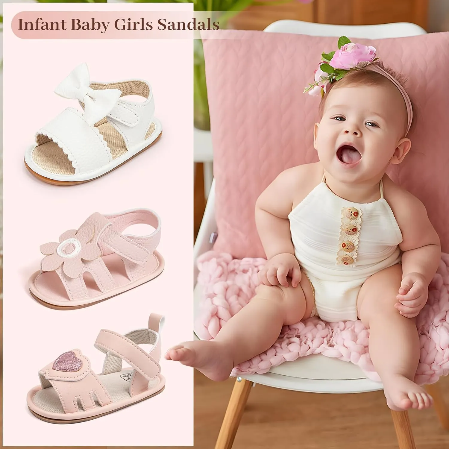 Oamico Baby Girl Sandals Infant Soft Anti-Slip Rubber Sole Casual Beach Sandals Newborn Bowknot Outdoor First Walker Summer Shoes for Baby Girls Flat Sandal