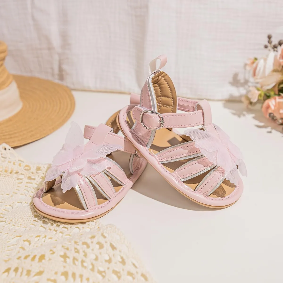 Oamico Baby Girl Sandals Infant Soft Anti-Slip Rubber Sole Casual Beach Sandals Newborn Bowknot Outdoor First Walker Summer Shoes for Baby Girls Flat Sandal