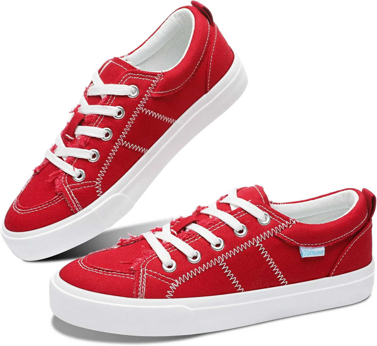 Obtaom Women's White Play Fashion Sneakers Cute Lace up Canvas Shoes Low Top Washed Canvas Flat for Lady